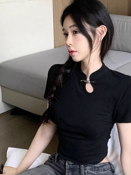 Black%20Shoulder%20Short%20Sleeve%20T%20Women's%20Summer%20T-shirt%202023%20New%20Design%20Sense%20Niche%20Improved%20Cheongsam%20Chinese%20Style%20Traditional%20Top%20-%20Image%203