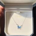 French Gradual Blue Enamel Butterfly Wing Pendant Necklace For Women Silver Color Neck Chain Exquisite Jewelry Gift For Girls.