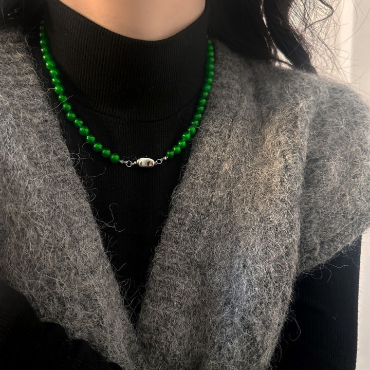 Fashion Emerald Green Natural Stone Beaded Necklace All-Match Jewelry Style Necklace Simple Clavicle Chain Sweater Chain