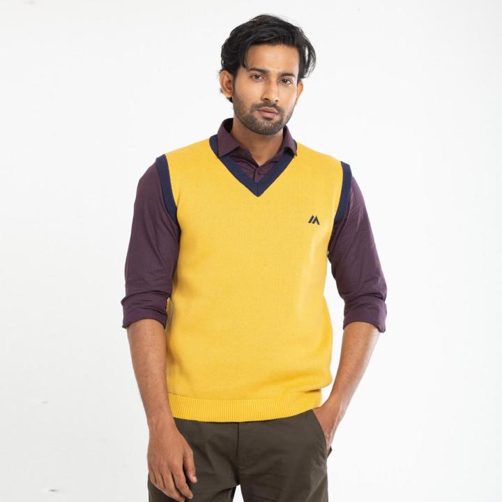 Masculine Contrast Sleeveless Sweater- Mustard Yellow