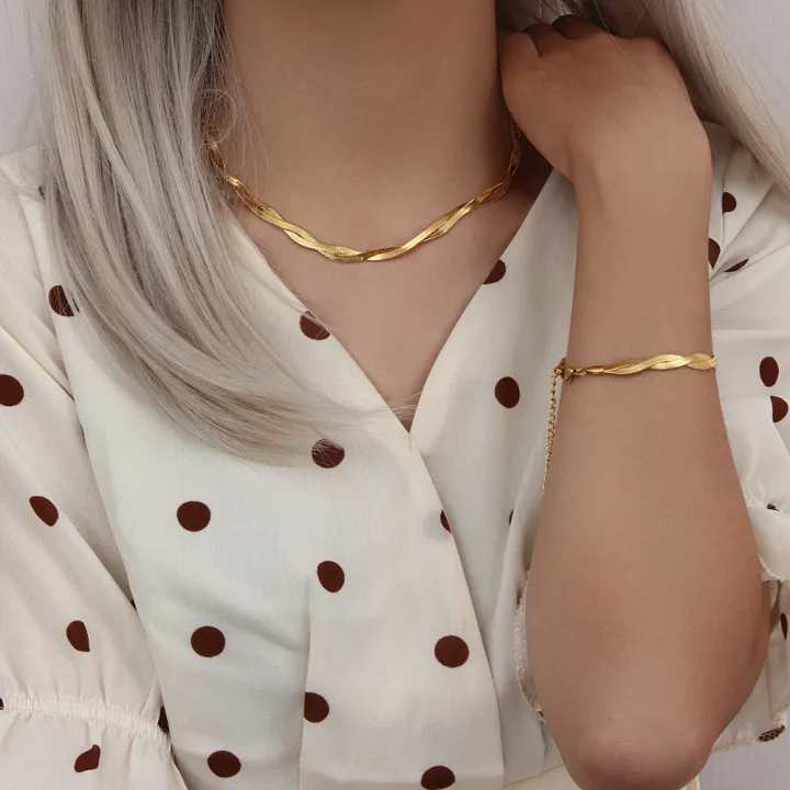 Alien%20E.B.belle%20Gold%20Plated%20Braided%20New%20Herringbone%20Chain%20Necklace%20Bracelets%20Set%20Wholesale%20Stainless%20Steel%20Jewelry%20For%20Women%20-%20Image%202