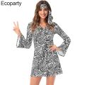 Women Floral Fashion Mini Dresses Hippie Girl Costume Flare Sleeve 70's Disco Dress Ladies Party Clubwear Retro Hippy 70s Dress. 