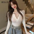 IELGY V-neck slim bottoming shirt women retro Hong Kong style tie long-sleeved T-shirt top.