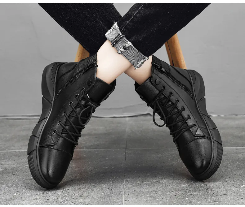Men Boots Leather Casual Platform Boots Zipper British Style