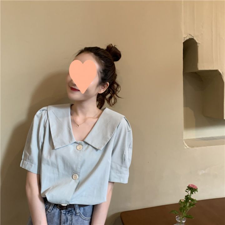 Summer%20New%20Korean%20Style%20Sense%20of%20Design%20Chiffon%20polo%20Collar%20Shirt%20Women's%20Loose%20Crop%20Top%20Women's%20Short-Sleeved%20Shirt%20-%20Image%203