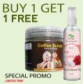 Buy a coffee scrub and get a free rose water - BUY 1 GET 1 FREE.