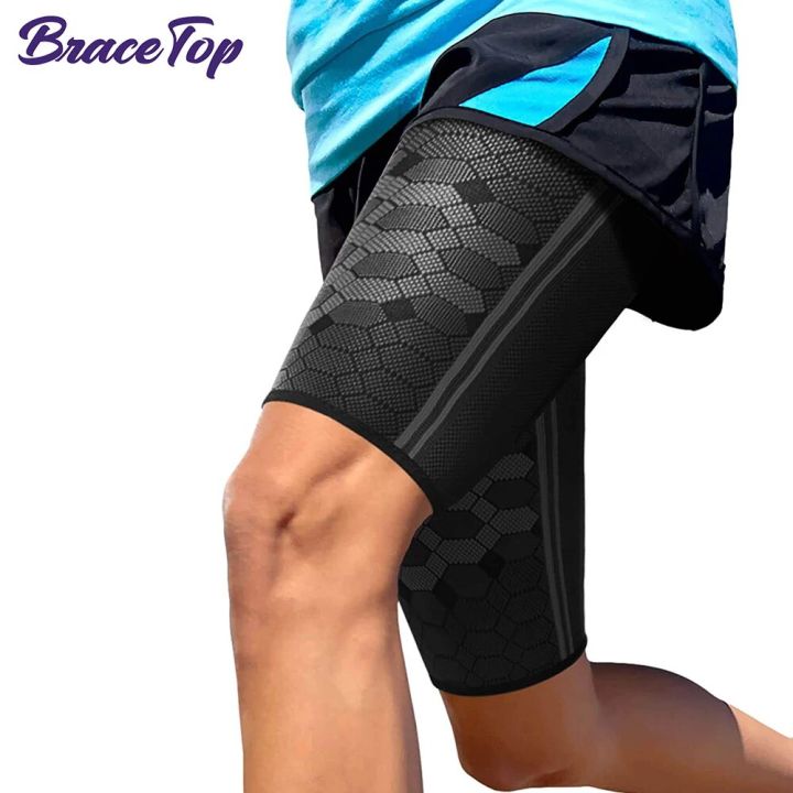 BraceTop 1 Pair Sports Thigh Compression Sleeves Breathable Elastic Anti Slip Quad and Hamstring Support Upper Leg Sleeve Unisex