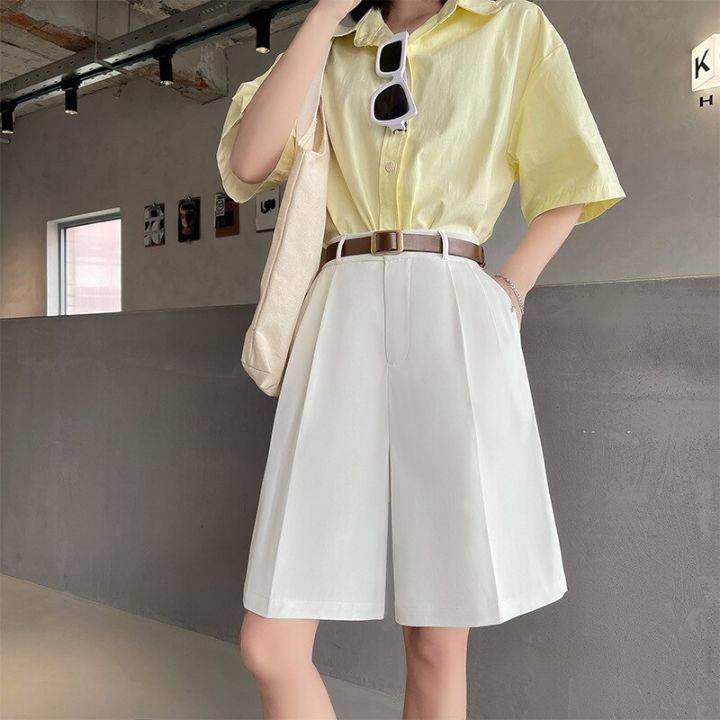 Women%20Summer%20Solid%20High%20Waist%20Shorts%20Loose%20Korean%20Style%20Fashion%20Vintage%20Female%20Knee%20Length%20Straight%20Wide%20Leg%20Suit%20Pants%20-%20Image%202