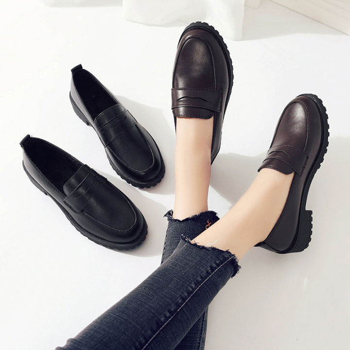 Single shoes women's 2019 spring Korean version block heel casual shoes college style small leather shoes round toe and one foot trend