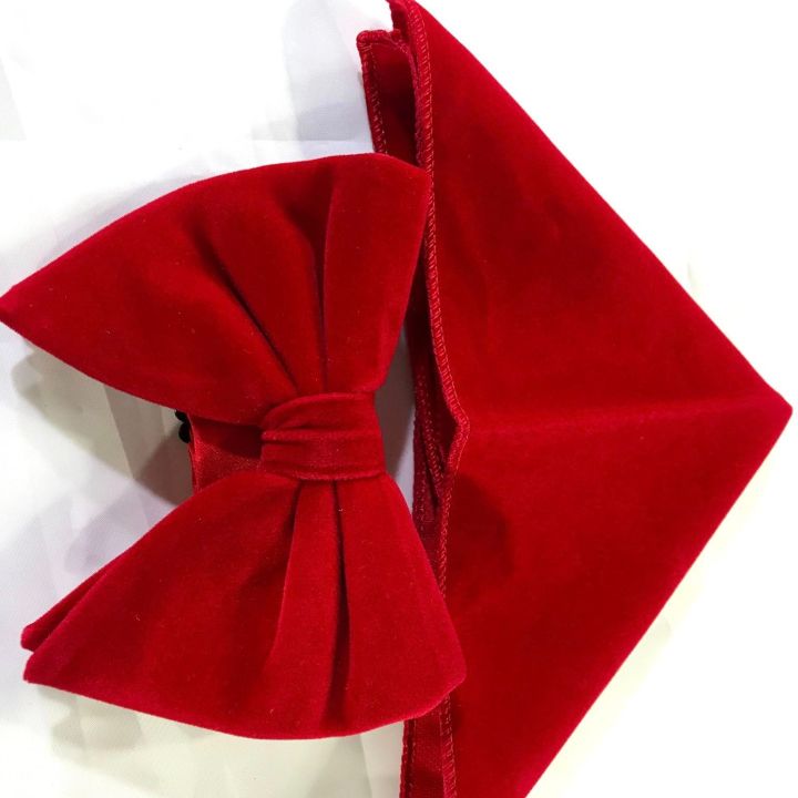 Velvet%20Bow%20Tie%20And%20Pocket%20Square%20Set%20For%20Men%20(Red)%20-%20Image%202