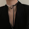 Elegant Black Ribbon Bow Choker Imitation Pearls Beads Charm Necklace Personality Gothic Wedding Jewelry Gifts. 