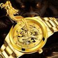 Waterproof Mens Gold Dragon Sculpture Quartz Watch Luxury Men Steel Wristwatch.