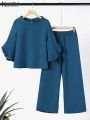 Fashion Solid Suit Woman Half Sleeve Boatneck Blouse Wide Leg Pants 2pcs Casual Street Matching Sets Elegant OL Tracksuit. 