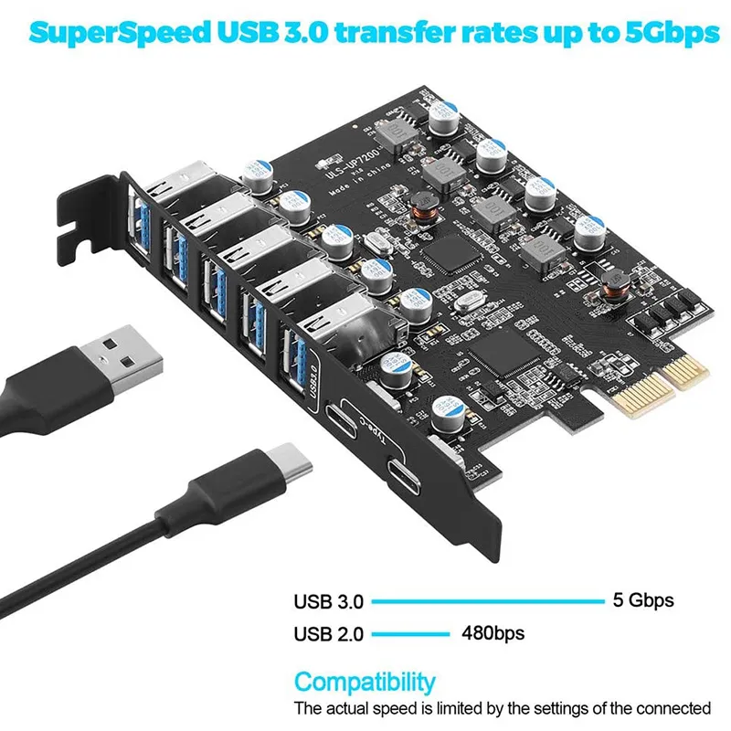 Carte PCI-E 7 Ports USB 3.2 - Concentrateur Interne PC Bureau Vitesse 5Gbps