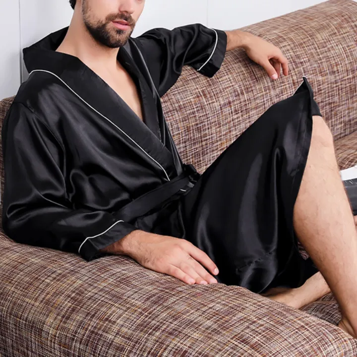 Men%20Nightgown%20Long%20Sleeve%20Robe%20Large%20Size%20Black%20Bathrobe%20Comfortable%20Sleepwear%20Imitation%20Silk%20with%20Pockets%20Waist%20Belt%20Home%20Gown%20-%20Image%202