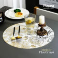 Golden Flower Placemat | Round PVC Dining Mat | Heat-Resistant Table Pad | Non-Slip Table Protector | Washable Decorative Placemat | Elegant Wedding Tableware | Festival Dining Table Mat | Luxury Gold Table Decor |  Model PM 1001 by Pizeon Luxury Linens. 