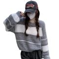 Korean Style Autumn and Winter New Color Matching Striped Hot Girl Short Loose round Neck Long Sleeve Pullover Sweater Top Sweater for Women.