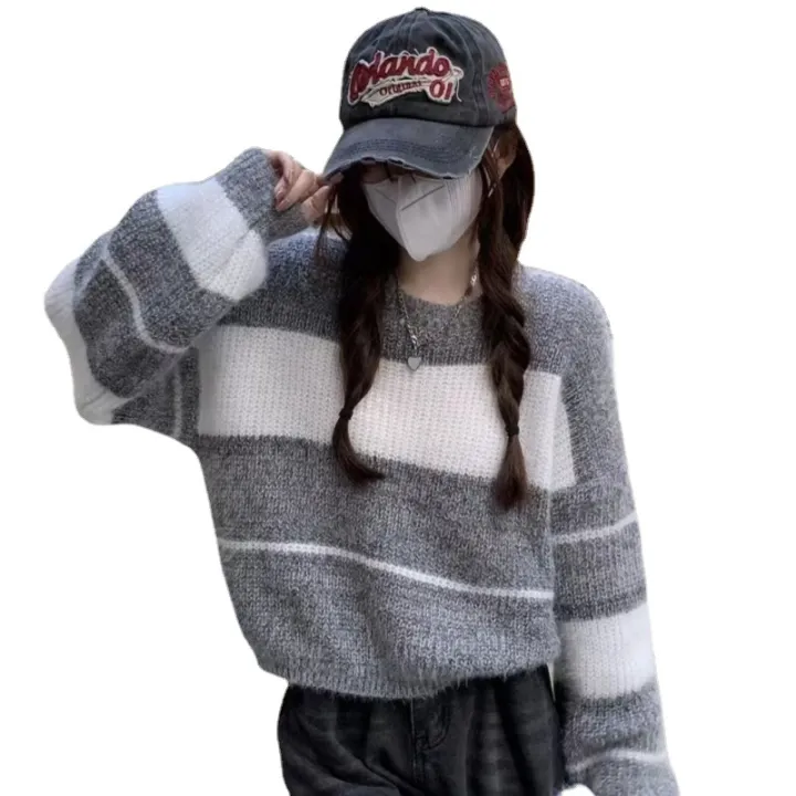 Korean%20Style%20Autumn%20and%20Winter%20New%20Color%20Matching%20Striped%20Hot%20Girl%20Short%20Loose%20round%20Neck%20Long%20Sleeve%20Pullover%20Sweater%20Top%20Sweater%20for%20Women%20-%20Image%205