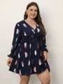 Finjani Plus Size Dress Deep V-Neck Feather Print Party Dress Trendy Butterfly End Waist Belt Women's Dresses.
