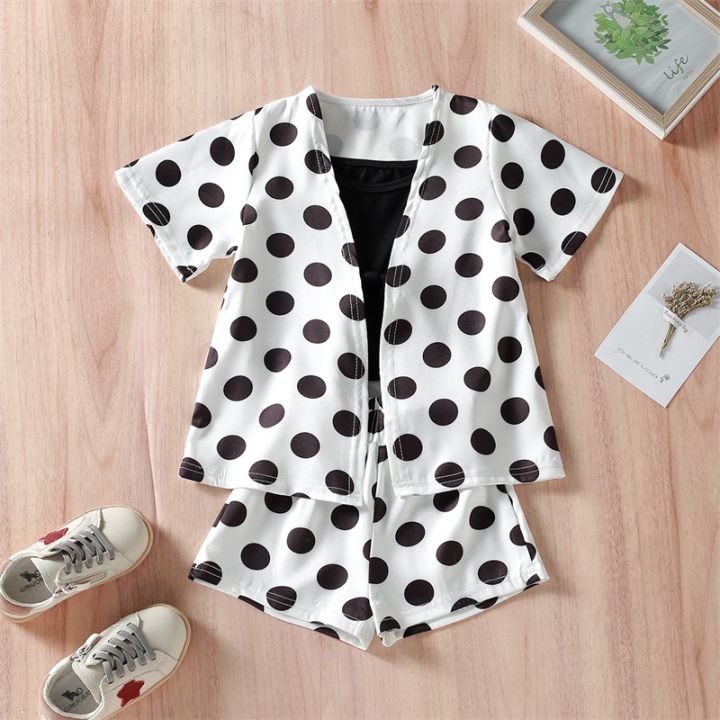 (New)%20girls%20shorts%20suit%20dot%20print%20short%20sleeve%20cardigan%20jacket%20sleepveless%20camisole%20high%20waist%20stretch%20breech%20-%20Image%203