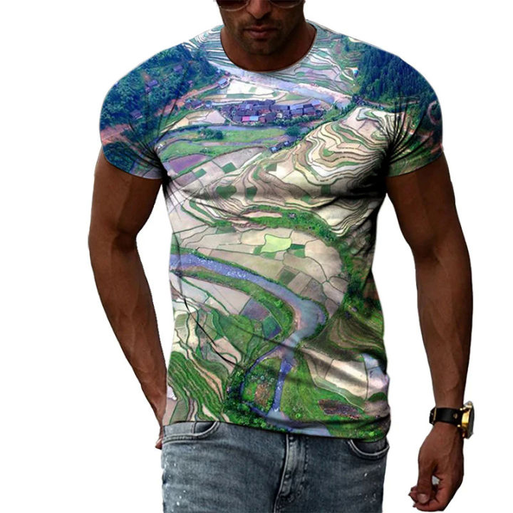 Summer%20New%20Terrace%20Pattern%20Printed%20Men's%20T-shirt%20Casual%20Pastoral%20Quality%20Short-sleeved%20Classic%20Round%20Neck%20Loose%20Quick-drying%20Top%20-%20Image%203
