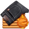 2023 Winter New Men's Fleece Warm Jeans Classic Style Business Casual Thicken Regular Fit Denim Pants Black Blue Brand Trousers. 