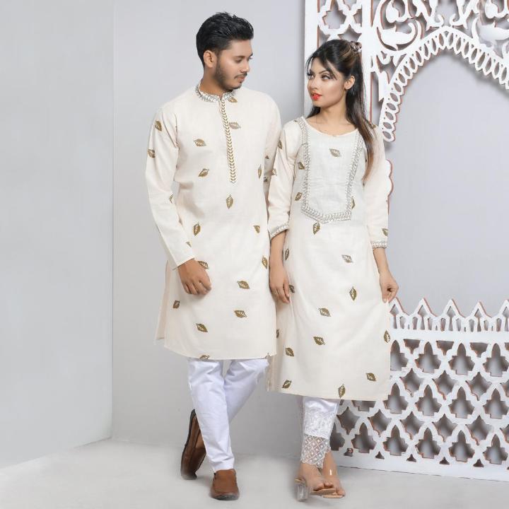 Premium Cotton Printed Couple Panjabi & Kameez - 17951P