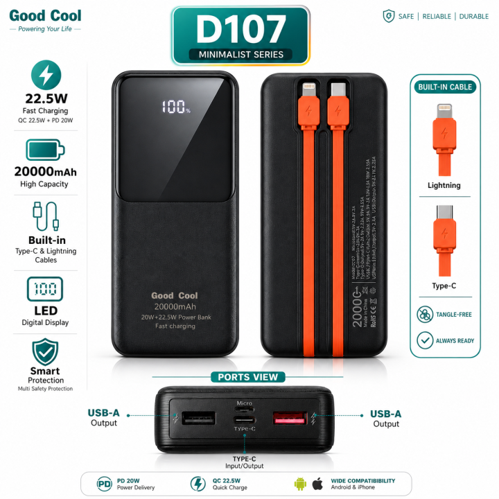 Good Cool 20000mAh 22.5W Fast Charging Portable Power Bank with Built-in Cable & LED Digital Display - Minimalistic Powerbank for Type C & iOS