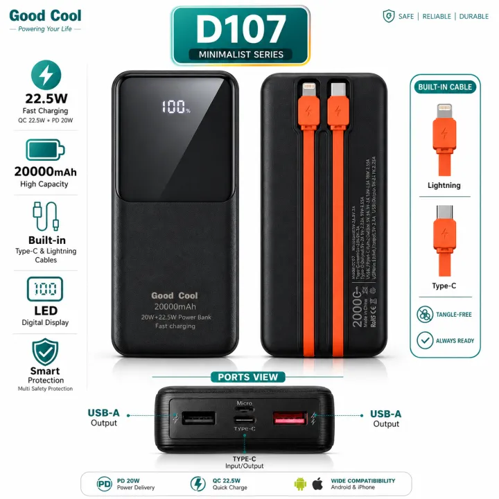 Good Cool 20000mAh 22.5W Fast Charging Portable Power Bank with Built-in Cable & LED Digital Display - Minimalistic Powerbank for Type C & iOS