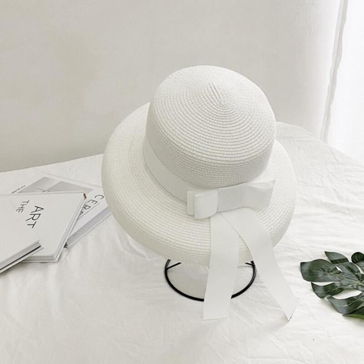 Summer Sun Hat Bow Straw Hat Visor Temperament Flat Panama Hats Women's Sea Beach Vacation Leisure Sunscreen Hat