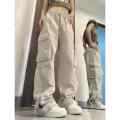Apricot fashion ins trend cargo pants women high street multi-pocket casual pant design sense loose straight wide-leg pant women.