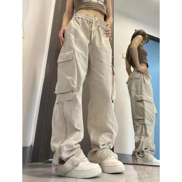 Apricot fashion ins trend cargo pants women high street multi-pocket casual pant design sense loose straight wide-leg pant women