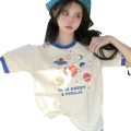 Western Style Contrast Color Short Sleeve Shoulder T T-shirt Women's Unique Design Sense Niche Korean Sweet Top with Jeans Summer.