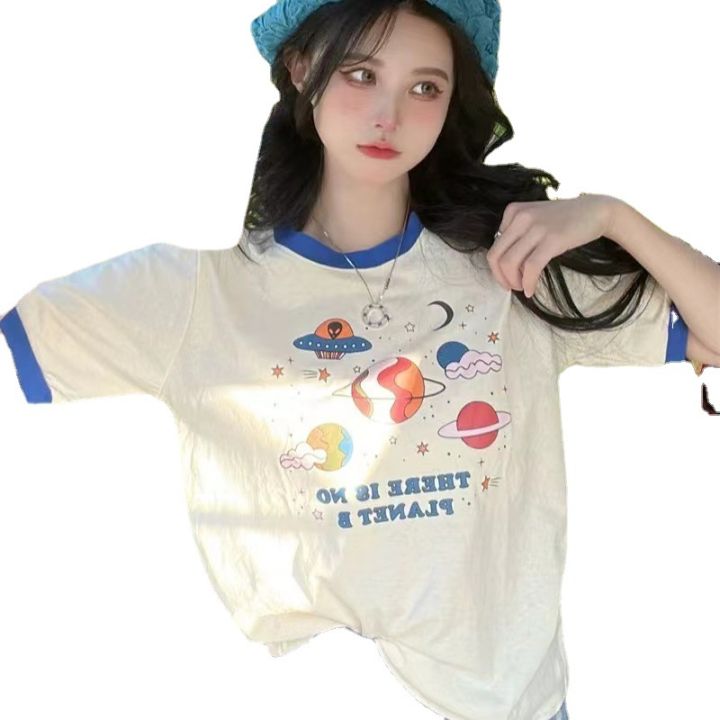 Western%20Style%20Contrast%20Color%20Short%20Sleeve%20Shoulder%20T%20T-shirt%20Women's%20Unique%20Design%20Sense%20Niche%20Korean%20Sweet%20Top%20with%20Jeans%20Summer%20-%20Image%205