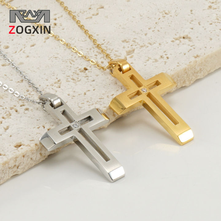 Fashionable, simple, style, hollow diamond-studded cross necklace, cross-border stainless steel electroplating 18K gold, ins style woman