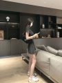American Washed and Worn Hot Girl Black Dress Summer u Collar Short Sleeve Retro Slim Fit Slimming a Line Skirt Short Skirt Fashion. 
