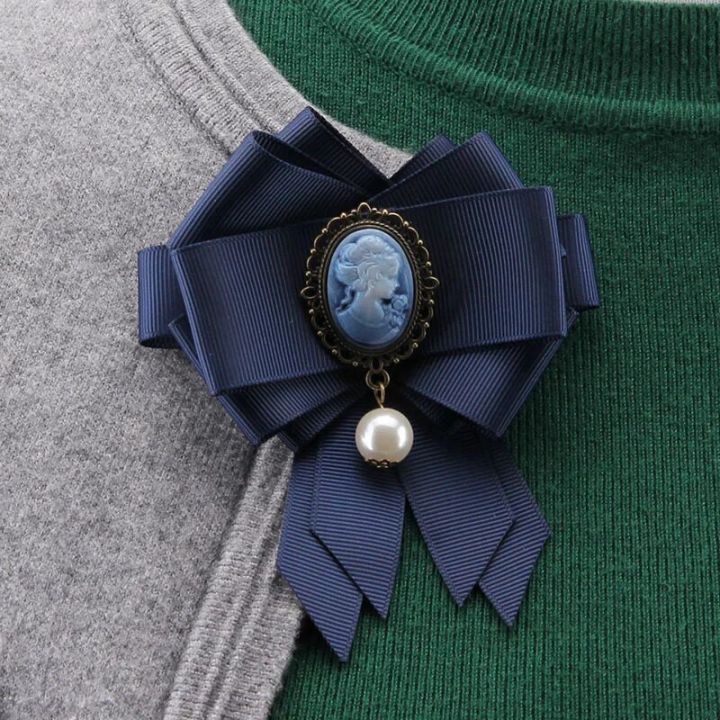 Vintage Queen Cameo Bowtie Brooches for Women Black Ribbon