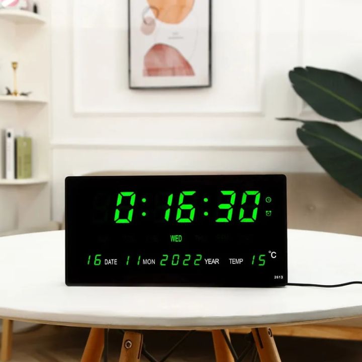 Luminous Digital Wall Clock 4 Alarms Hourly Chiming Temperature Date Calendar Desktop Table Clock Electronic LED Clock with Plug