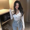 Autumn and Winter New Korean Style Slim-Fit Slimming Temperament V Collar Long Sleeve T T-shirt Women's Sexy Lace Inner Match Bottoming Shirt Trendy Top.