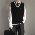Three-Piece Set-College WinddkUniform Men's Sweater Vest Male Student TrendjkKnitted Sleeveless Sweater Shirt. 