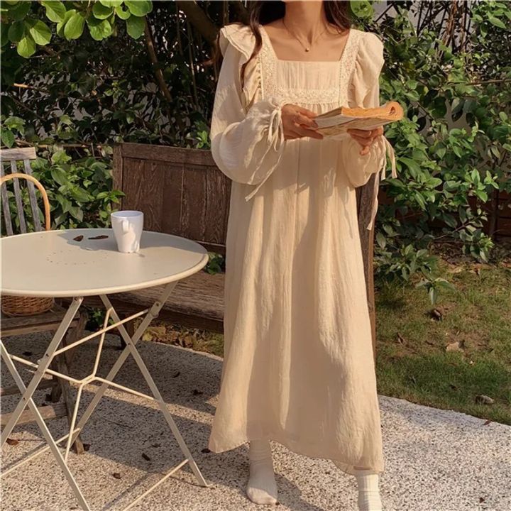 2024%20New%20Korean%20Ruffles%20Night%20Dress%20for%20Women%20Lace%20Sleepwear%20Womens%20One%20Piece%20Pajamas%20Autumn%20Long%20Sleeve%20Square%20Collar%20Wear%20Home%20-%20Image%202