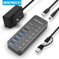 RSHTECH Powered USB Hub 3.2 USB C Splitter 10Gbps Data Hub with Individual Touch On/Off Switches USB Extension for MacBook Mac.