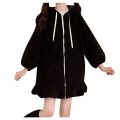 Hoodies Women Large Size Solid Zip-up Long Lantern Sleeve Hooded Rabbit Ears Lolita Cute Sweet Girls Harajuku Style Warm Baggy.