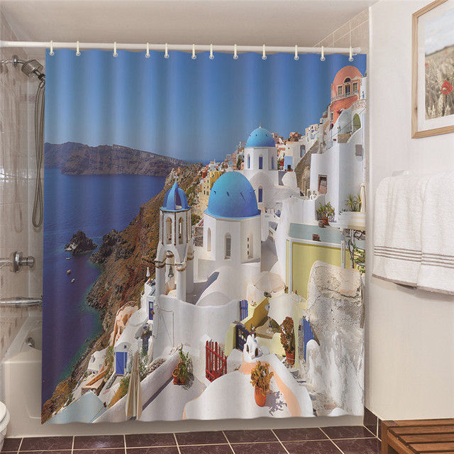 Shower Bathroom Curtain Sea Mountains Oil Painting Washable Polyester Fabric Waterproof Bath Curtains Art Home Decor Cortinas