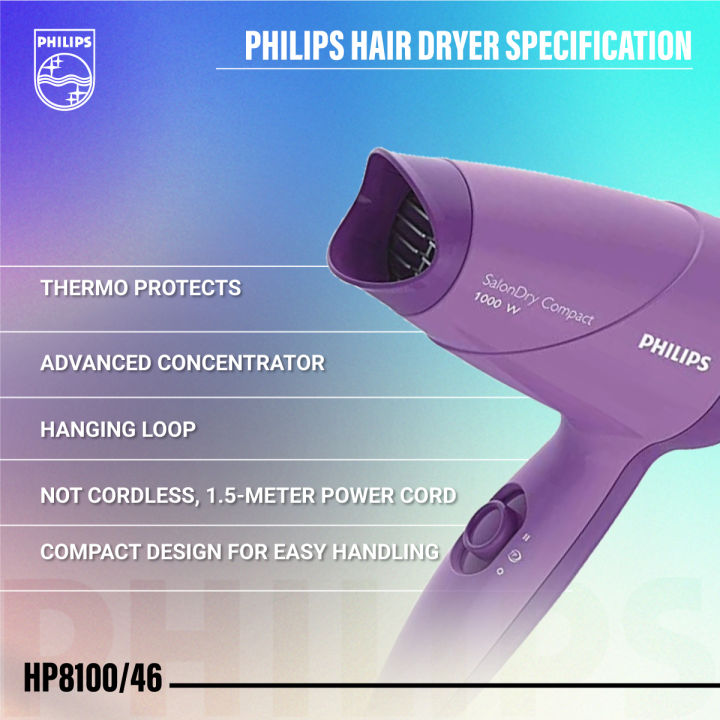 Philips%20HP8100/46%20Compact%20Hair%20Dryer%20%E2%80%93%201000W,%20ThermoProtect%20Technology,%202%20Heat%20Settings%20(Purple)%20-%20Image%203