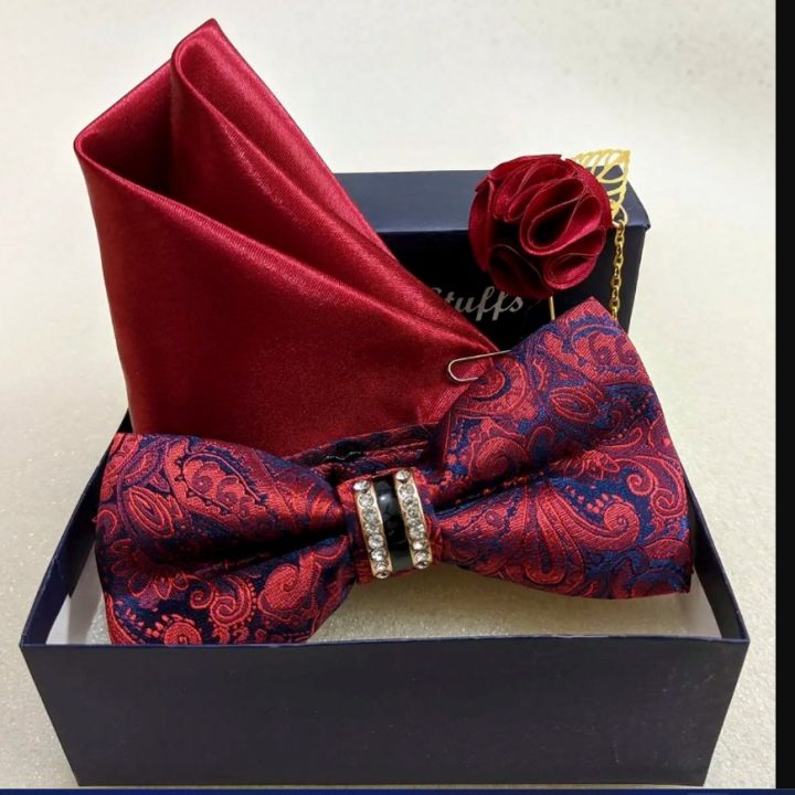 Crystal Wedding Bow Tie With Lapel Pin & Pocket Squre