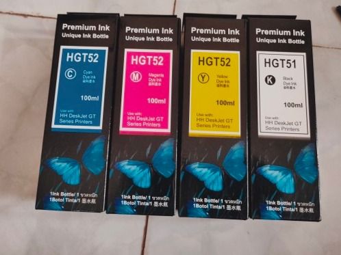HP Printer Refill Ink HGT 51, HGT 52, GT51, GT52 for HP DeskJet GT 5810 and DeskJet GT 5820, HP Ink Tank 310, Ink Tank 410, H.P Smart Tank 450 455 500 510 515 516 519 530 559 570 610 615 651 100 ml x 4 Bottles CMYK