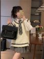 Three Piece Set/Single-Piece College Style Spring and Autumn New Knitted Vest Sweater Female Students+Shirt+Pleated Skirt. 