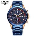 New Arrival LIGE Blue Fashion Stainless Steel Waterproof Quartz Watch.