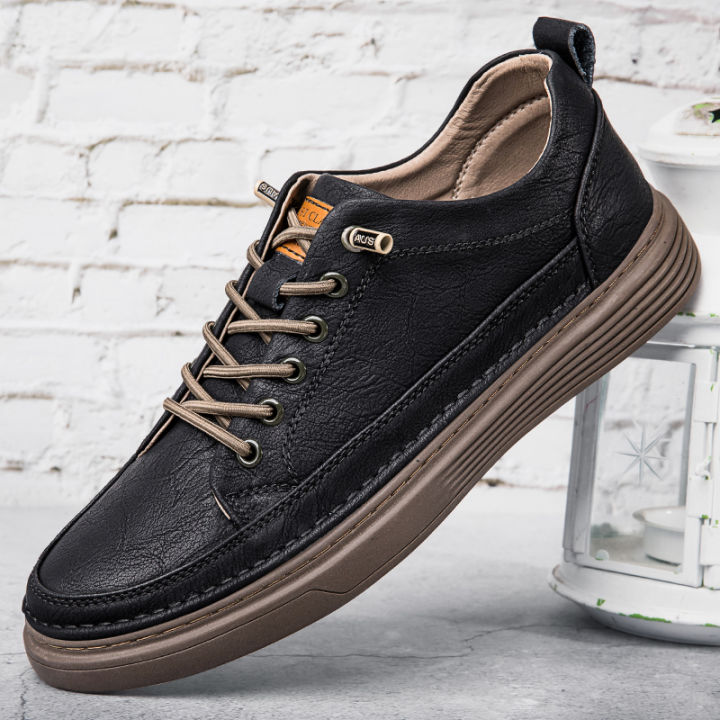 Italian Casual Shoes Men's Lace Up Oxford Shoes Genuine Leather Thick Bottom Outdoor Walking Shoes Black Office Men Dress Shoes KEEMEEUYZO
